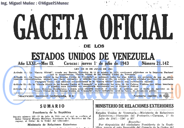 Gaceta Oficial 21142 del 1 Julio 1943