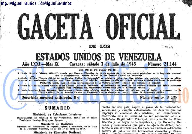 Gaceta Oficial 21144 del 3 Julio 1943
