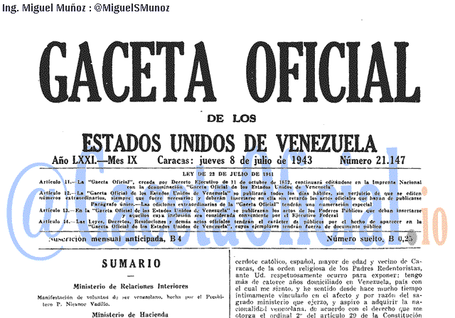Gaceta Oficial 21147 del 8 Julio 1943