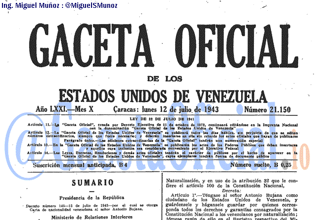 Gaceta Oficial 21150 del 12 Julio 1943
