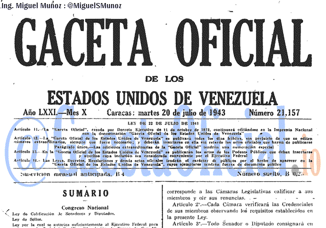 Gaceta Oficial 21157 del 20 Julio 1943