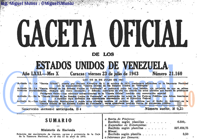 Gaceta Oficial 21160 del 23 Julio 1943