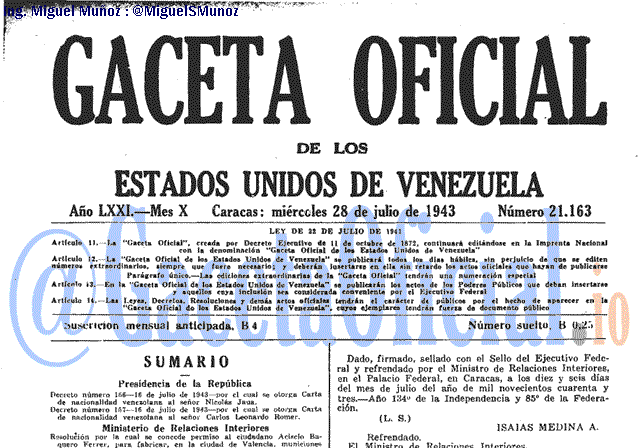 Gaceta Oficial 21163 del 28 Julio 1943