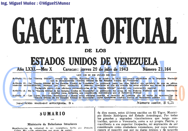 Gaceta Oficial 21164 del 29 Julio 1943