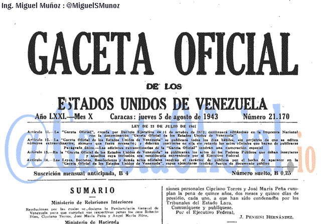 Gaceta Oficial 21170 del 5 Agosto 1943