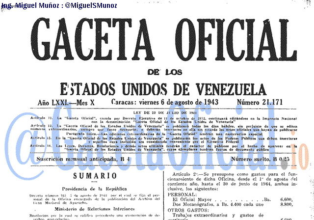 Gaceta Oficial 21171 del 6 Agosto 1943