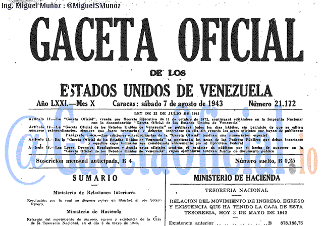 Gaceta Oficial 21172 del 7 Agosto 1943