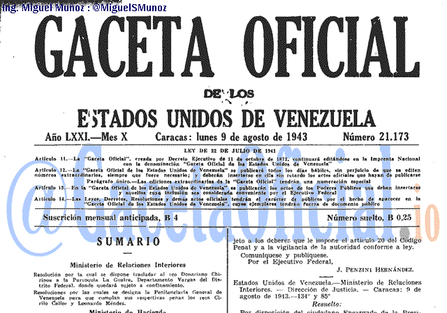 Gaceta Oficial 21173 del 9 Agosto 1943