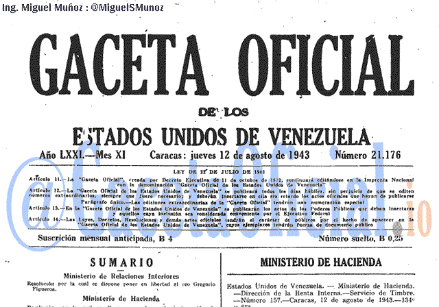Gaceta Oficial 21176 del 12 Agosto 1943