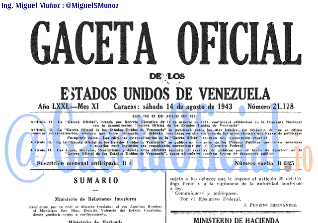 Gaceta Oficial 21178 del 14 Agosto 1943