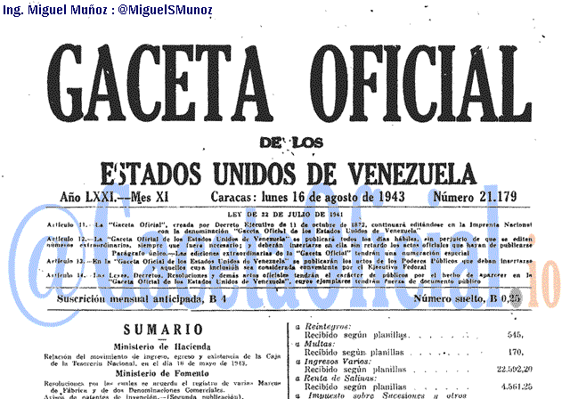 Gaceta Oficial 21179 del 16 Agosto 1943