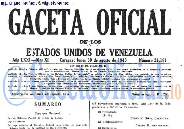 Gaceta Oficial 21191 del 30 Agosto 1943