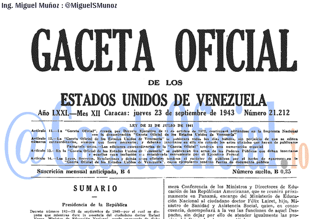 Gaceta Oficial 21212 del 23 Septiembre 1943