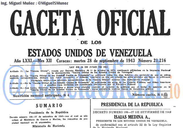 Gaceta Oficial 21216 del 28 Septiembre 1943