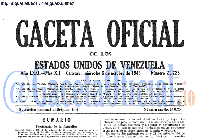 Gaceta Oficial 21223 del 6 Octubre 1943