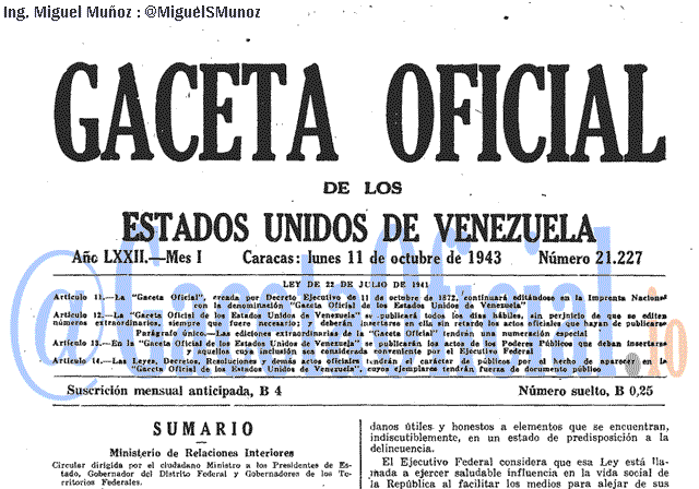 Gaceta Oficial 21227 del 11 Octubre 1943