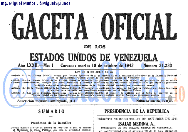 Gaceta Oficial 21233 del 19 Octubre 1943