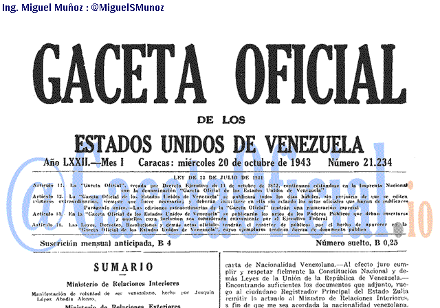Gaceta Oficial 21234 del 20 Octubre 1943