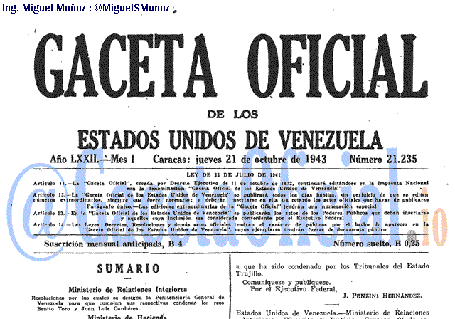 Gaceta Oficial 21235 del 21 Octubre 1943