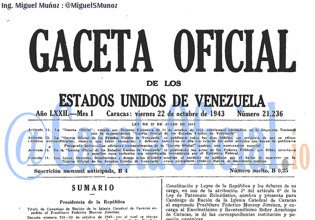 Gaceta Oficial 21236 del 22 Octubre 1943