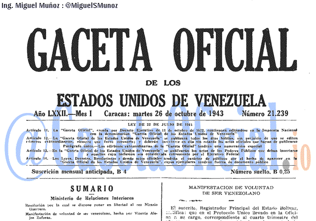 Gaceta Oficial 21239 del 26 Octubre 1943