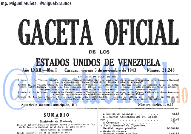 Gaceta Oficial 21248 del 5 Noviembre 1943