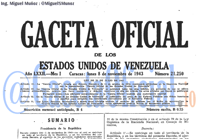 Gaceta Oficial 21250 del 8 Noviembre 1943