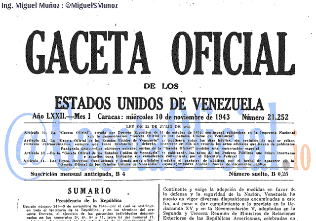 Gaceta Oficial 21252 del 10 Noviembre 1943
