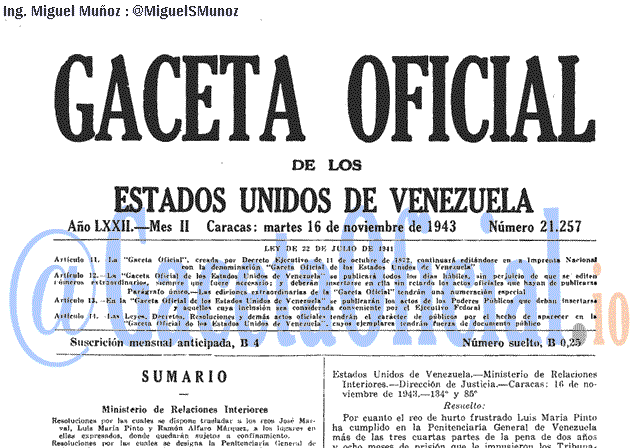 Gaceta Oficial 21257 del 16 Noviembre 1943