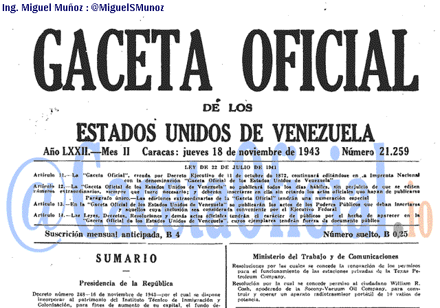Gaceta Oficial 21259 del 18 Noviembre 1943