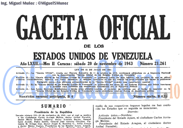 Gaceta Oficial 21261 del 20 Noviembre 1943