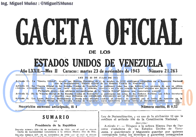 Gaceta Oficial 21263 del 23 Noviembre 1943