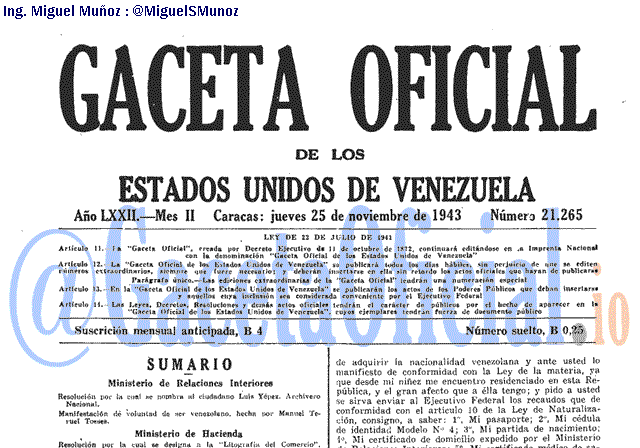 Gaceta Oficial 21265 del 25 Noviembre 1943