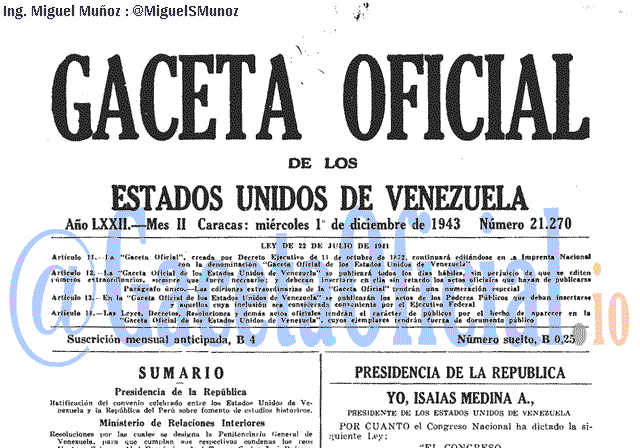 Gaceta Oficial 21270 del 1 Diciembre 1943