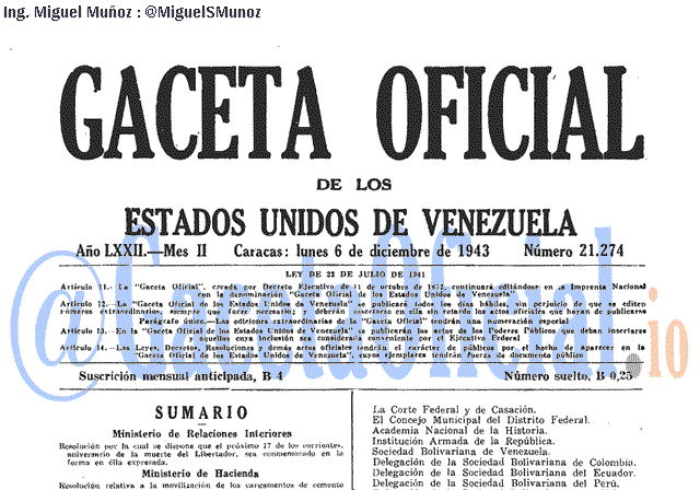 Gaceta Oficial 21274 del 6 Diciembre 1943