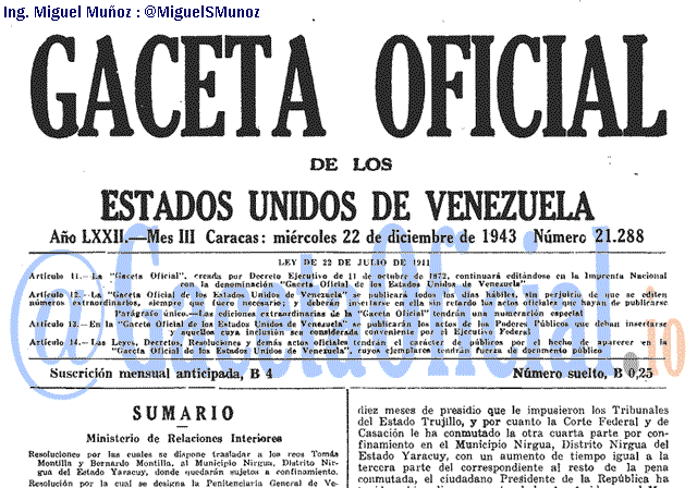 Gaceta Oficial 21288 del 22 Diciembre 1943