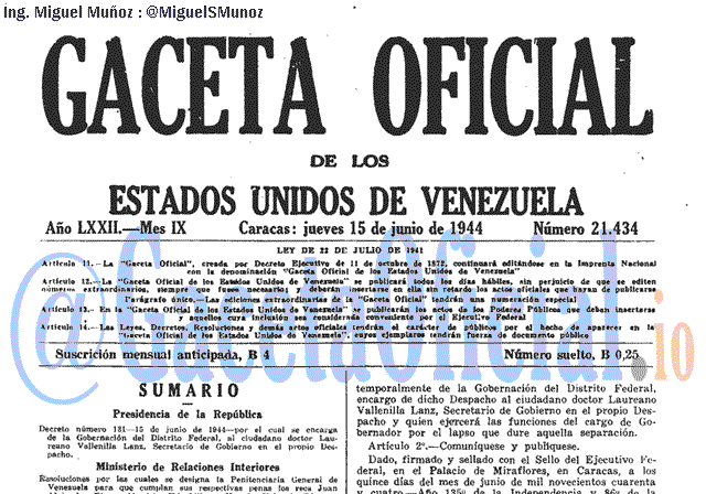 Gaceta Oficial 21434 del 15 Junio 1944