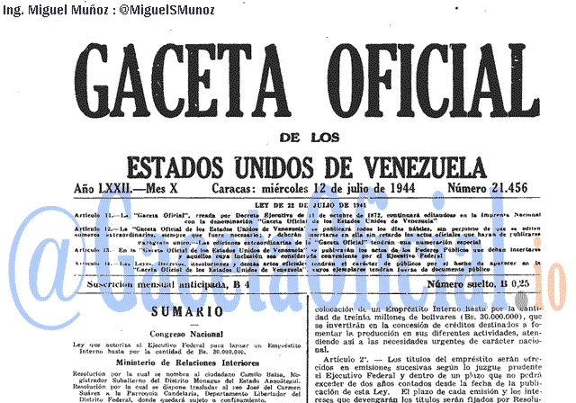 Gaceta Oficial 21456 del 12 Julio 1944