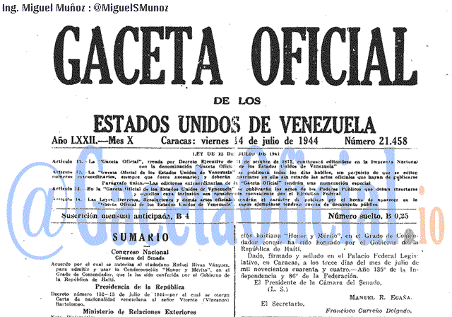 Gaceta Oficial 21458 del 14 Julio 1944