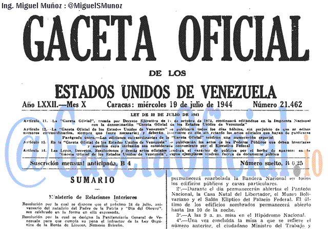 Gaceta Oficial 21462 del 19 Julio 1944