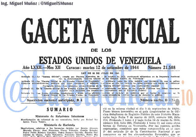 Gaceta Oficial 21508 del 12 Septiembre 1944