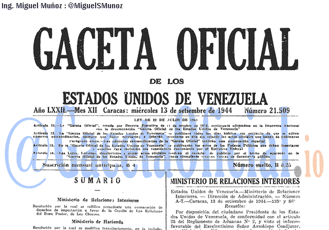 Gaceta Oficial 21509 del 13 Septiembre 1944