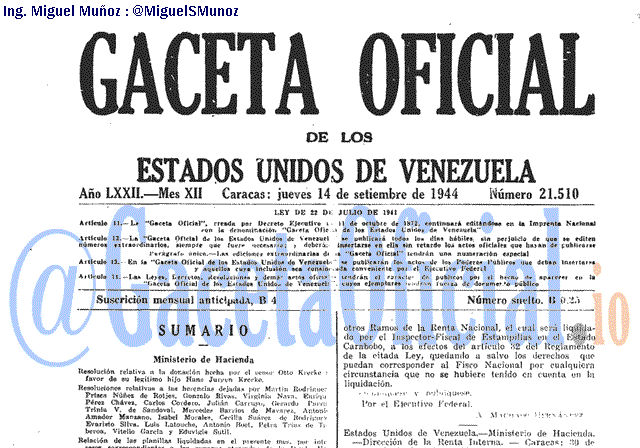 Gaceta Oficial 21510 del 14 Septiembre 1944