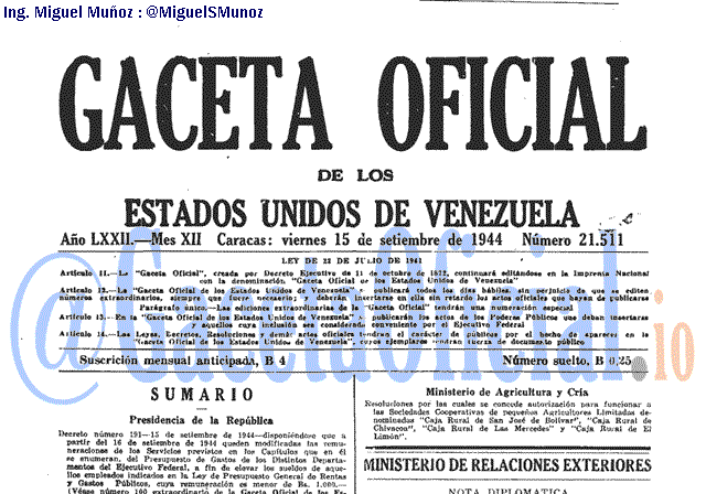 Gaceta Oficial 21511 del 15 Septiembre 1944