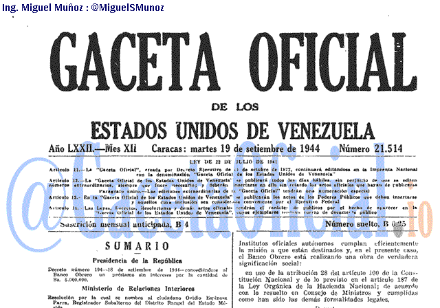 Gaceta Oficial 21514 del 19 Septiembre 1944