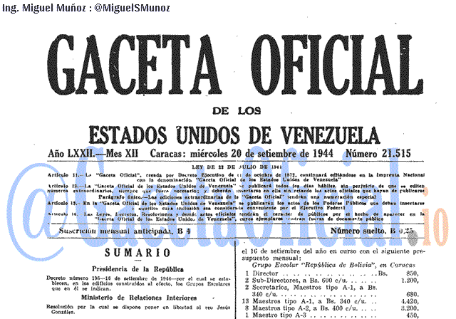 Gaceta Oficial 21515 del 20 Septiembre 1944