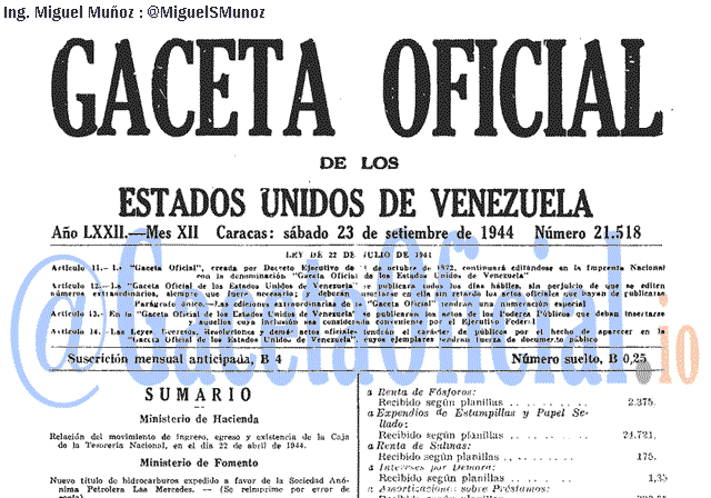 Gaceta Oficial 21518 del 23 Septiembre 1944