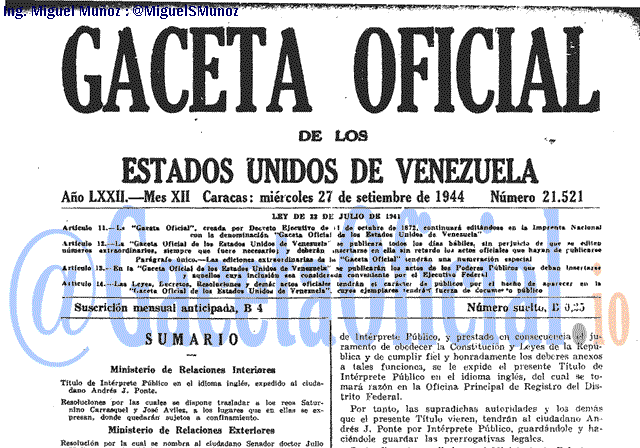Gaceta Oficial 21521 del 27 Septiembre 1944