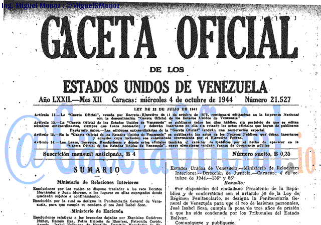 Gaceta Oficial 21527 del 4 Octubre 1944