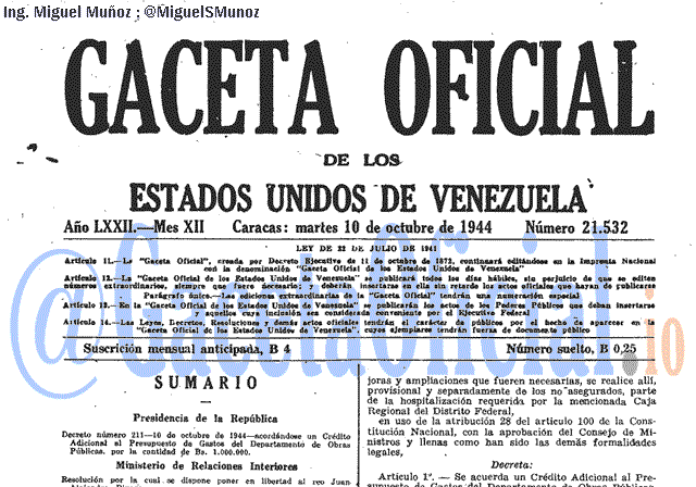 Gaceta Oficial 21532 del 10 Octubre 1944